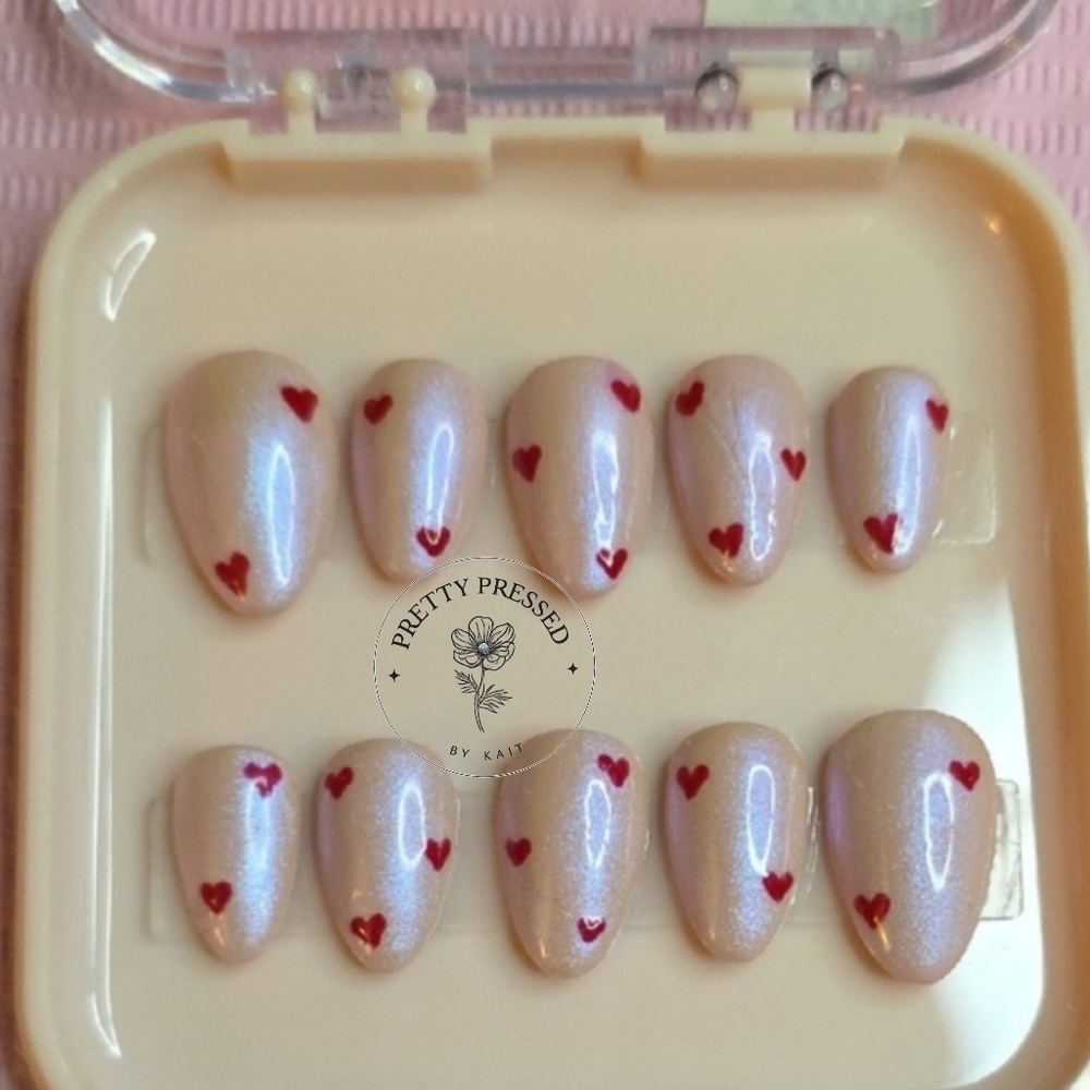 Shimmering Nail Set with Red Hearts